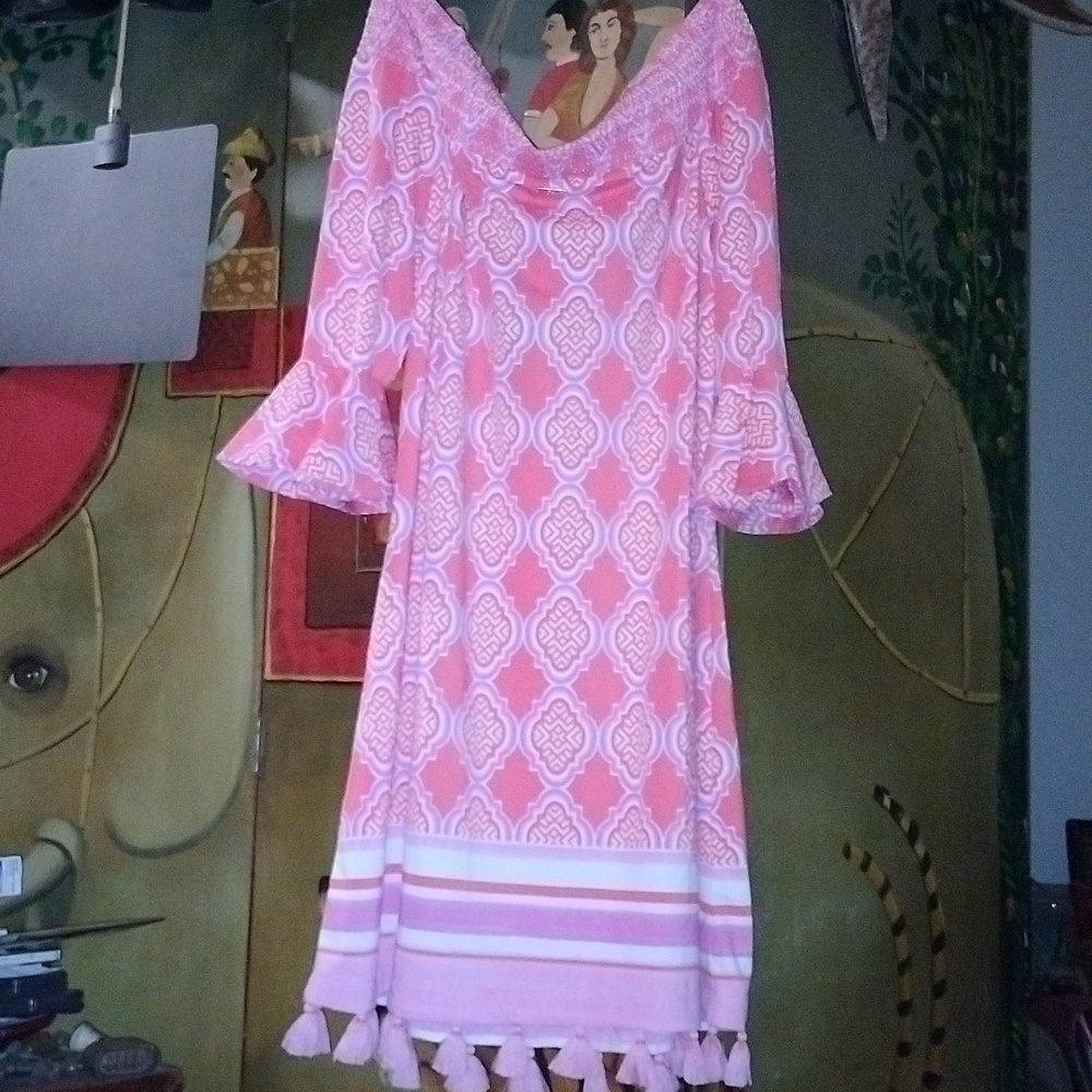 Cabana Life Pink and White Patterned Smocked Off The Shoulder Dress